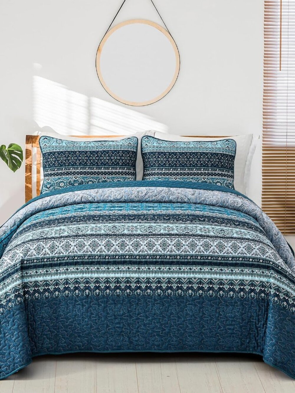 Boho Quilts Queen Size, 3 Pieces Bedspread Bedding Set, Blue
